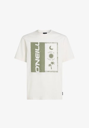 White cotton t-shirt featuring green graphic prints, including text "O'Neill" and "FIRST IN LAST OUT," with palm tree and sun designs.