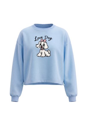 Lyseblå sweatshirt med en tegneserie-hvid hund iført lyserøde sløjfer og teksten "Love Dog" over hunden foran.