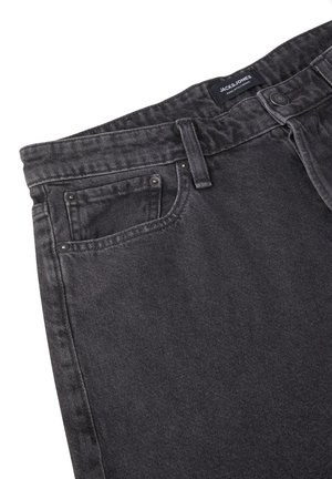 Zwarte spijkerbroek van denim met een textuurafwerking, vijf-pocket ontwerp en een knoopsluiting. Het merkembleem is op de tailleband gestikt.
