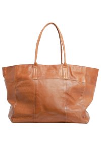 Tan leather tote bag with dual handles, oversized shape, smooth texture, and visible stitching details. Designed for casual use.