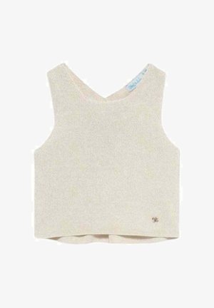 Top corto beige senza maniche in maglia con scollo a V e piccolo dettaglio logo vicino all'orlo.