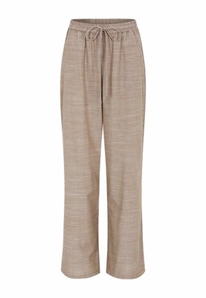 Bézs és fehér kockás, bő fazonú nadrág gumis derékrésszel és húzózsinóros megkötéssel.