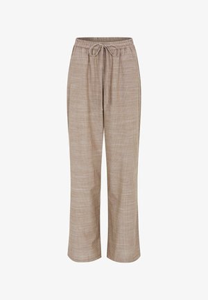 Pantalones de corte holgado con estampado de cuadros beige y blanco, cintura elástica y cierre con cordón.