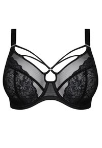 Reggiseno nero con coppe in pizzo, accenti in rete trasparente e dettagli incrociati. Dotato di spalline regolabili e accessori decorativi al centro.