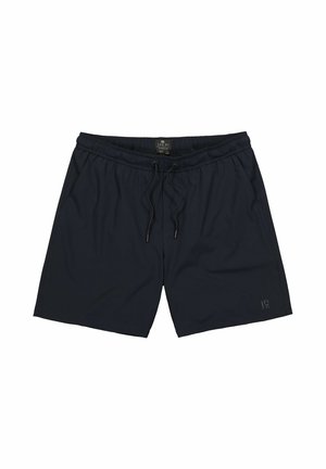 Marineblå badeshorts i letvægtsstof med elastisk talje og justerbar snøre; har et lille logo på den nederste side.