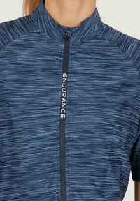 Blå idrottströja med ståkrage, med ett strukturerat, randigt mönster och en framdragkedja märkt "ENDURANCE."