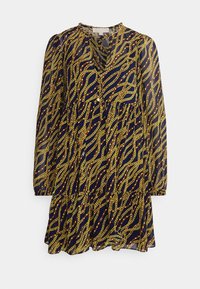 Laivansinis pitkähihaine mekko, jossa on keltainen ketjumalli, löysä istuvuus, rypistetty pääntie ja kerrostettu muotoilu. Läpinäkyvä rakenne, jossa on hieman opasiteettia.