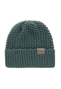 Gebreide beanie in gestructureerd, diepblauw garen met een geribbelde manchet. Voorzien van een klein, rechthoekig leren label met de tekst "Knit Factory".