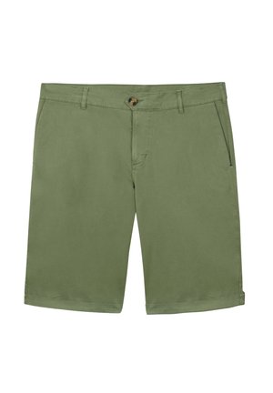 Shorts in cotone verde oliva con tasca con zip, passanti per cintura e chiusura con bottone. Design frontale piatto e orli rifiniti.