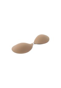 Soutien-gorge adesivo beige con coppe lisce e arrotondate, collegate da una chiusura centrale. Realizzato in un materiale flessibile e imbottito.
