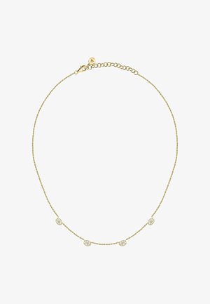 Zarte Halskette aus Gold mit vier gleichmäßig verteilten kleinen runden Diamantgruppen und einem Karabinerverschluss mit verstellbaren Gliedern.