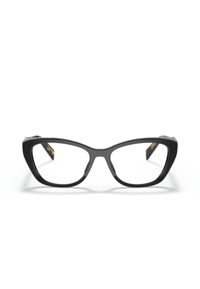 Occhiali a occhi di gatto neri con finitura lucida, caratterizzati da montature spesse e punte appuntite. Accentati da sottili dettagli in metallo dorato.