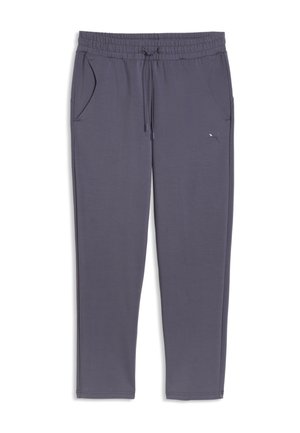Mørkegrå tilspidsede joggingbukser med elastisk linning, snøre, sidelommer og lille logo på venstre lår.
