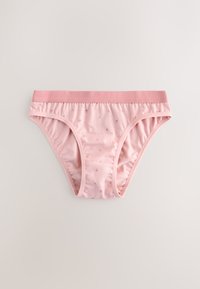 Culotte bikini en coton rose avec un motif floral, dotée d'une ceinture unie et de côtés froncés pour un ajustement confortable.