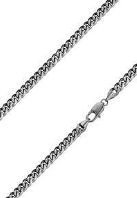 Silverfärgad kedjesmycke tillverkat av metallkedjor med en polerad yta; har ett säkert kräftclips; intrikat design med alternerande länkar.