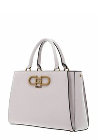 Borsa sintetica bianca con design strutturato, doppie maniglie superiori, rifiniture in tono oro e logo in rilievo sul fronte.