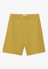 Shorts en coton jaune avec une taille plate, deux poches avant et une fermeture à bouton. Ceinture élastiquée pour un confort optimal. Texture lisse.