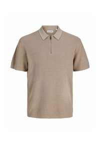 Polo tricoté à manches courtes beige avec tissu texturé et une fermeture éclair à l'avant sous le col de Jack & Jones.