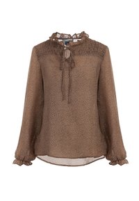 Brun, semi-gennemsigtig bluse med et struktureret mønster, flæser ved kraven og lange ærmer med samlede manchetter. Har et bånd ved halsudskæringen.