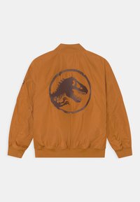 Casaco bomber laranja com gola e punhos canelados. Apresenta um grande logo de dinossauro impresso em escuro nas costas. Tecido liso e leve.