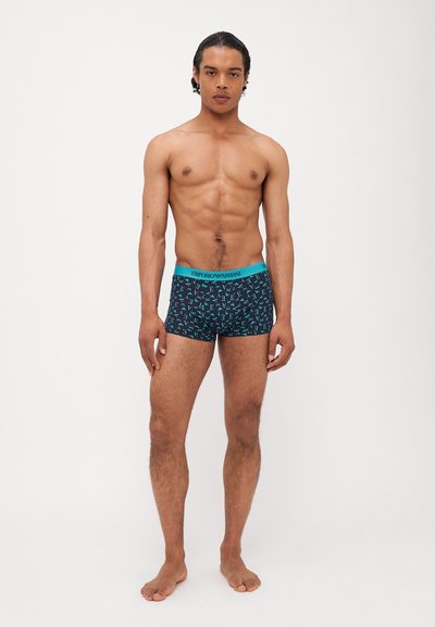 Navy boxer briefs with turquoise waistband, featuring a repeated logo pattern. Stretch fabric offers a snug fit and comfortable design.