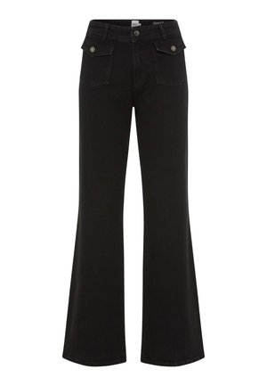 Zwarte flared jeans met een hoge taille, gemaakt van denim. Voorzien van voorzakken en metalen knopen als sluiting. Gladde textuur, volledige lengte design.