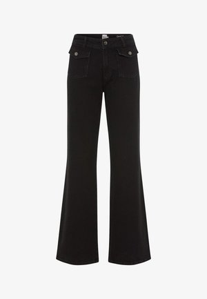 Zwarte flared jeans met een hoge taille, gemaakt van denim. Voorzien van voorzakken en metalen knopen als sluiting. Gladde textuur, volledige lengte design.