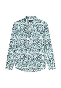 Lange mouwen shirt in lichtgroen met een marineblauw bloemenpatroon. Voorzien van een puntige kraag en knoopsluiting, gemaakt van een lichtgewicht stof.