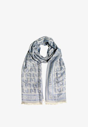 Sciarpa azzurro chiaro e grigia con motivi a forme astratte e scritta "LIU·JO", disposta a forma di anello con estremità sfrangiate.