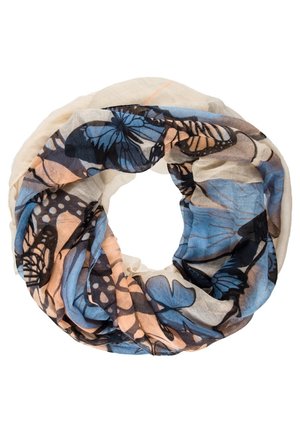 Écharpe infinity beige clair avec motifs de papillons bleus et pêche, montrée pliée en forme circulaire.