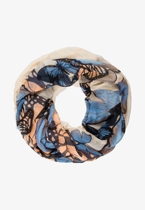 Écharpe infinity beige clair avec motifs de papillons bleus et pêche, montrée pliée en forme circulaire.