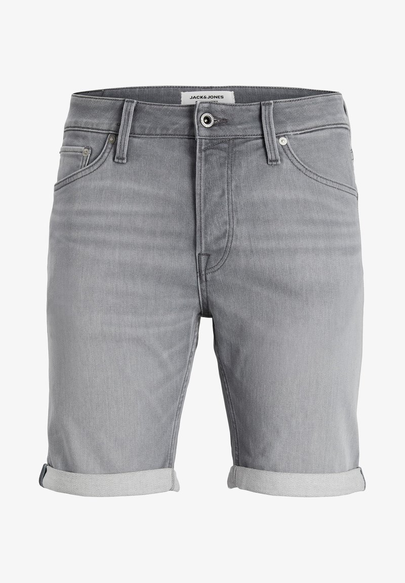 Calças de ganga cinzentas com punhos dobrados, apresentando um fecho frontal com botão e ziper. Design simples, textura suave e corte de comprimento médio.