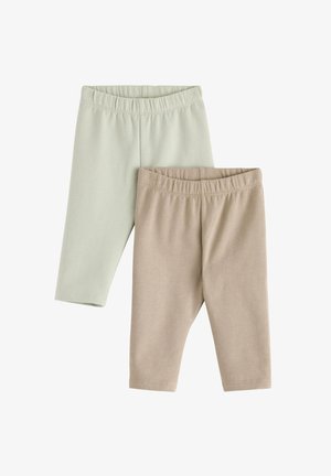 Dupla de leggings em algodão macio. Uma é verde claro e a outra é bege claro. Ambas têm um cós elástico e um ajuste justo.