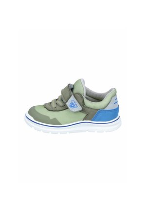 Green and grey children’s sneaker with blue heel patch, white sole, and Velcro strap featuring a small blue logo.