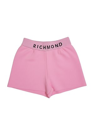 Pantaloncini rosa in maglia con vita elasticizzata e scritta nera "RICHMOND", vestibilità comoda e lunghezza corta.
