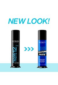 Redken haarstylingproducten: zwarte cilindrische fles met blauwe tekst (Rough Paste 12) naast een blauwe cilindrische fles (Texture Paste).