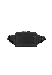 Borsa in vita nera, imbottita e di forma rettangolare, con un compartimento principale con zip, tasca laterale e tracolla regolabile; marchiata 'AOKING'.