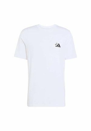 Wit T-shirt met korte mouwen en een ronde hals met een klein zwart abstract logo op de linkerborst.