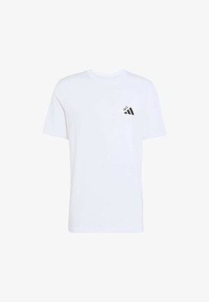 Wit T-shirt met korte mouwen en een ronde hals met een klein zwart abstract logo op de linkerborst.