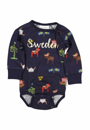 Navy blue long-sleeve onesie featuring Sweden-themed prints: moose, Dala horses, viking ships, and flags. Made from soft cotton with snap closures.