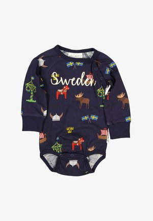 Navy blue long-sleeve onesie featuring Sweden-themed prints: moose, Dala horses, viking ships, and flags. Made from soft cotton with snap closures.