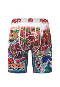 Men's boxer shorts featuring a colorful Tom and Jerry graphic design. Made from soft fabric, with a white stretchy waistband and vibrant patterns.
