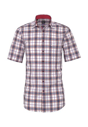 Kurzärmeliges Hemd mit Knopfleiste, kariert in Rot, Blau und Weiß, mit kontrastierendem roten Innenkragen.
