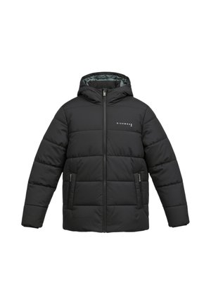 Giacca imbottita nera con cappuccio, zip frontale, due tasche laterali con cerniera e piccolo logo "Richmond" sul petto, mostrata su sfondo bianco.