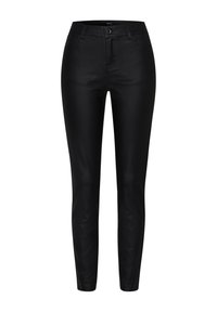 Jeans skinny noirs en tissu lisse et extensible. Dotés d'une fermeture à bouton, de cinq poches et d'un design ajusté pour une silhouette élégante.
