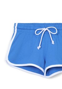 Pantaloni corti in cotone blu con vita regolabile, con bordo bianco lungo l'orlo. Tessuto liscio e design in stile atletico.