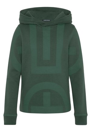 Zielona bluzka z kapturem wykonana z bawełny o miękkiej strukturze, z dużym abstrakcyjnym nadrukiem w ciemniejszych odcieniach zieleni oraz sznurkiem do regulacji kaptura.