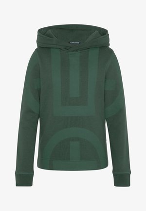 Haut à capuche vert en coton avec une texture douce, offrant un grand motif imprimé abstrait dans des tons de vert plus foncé et une capuche avec cordon de serrage.
