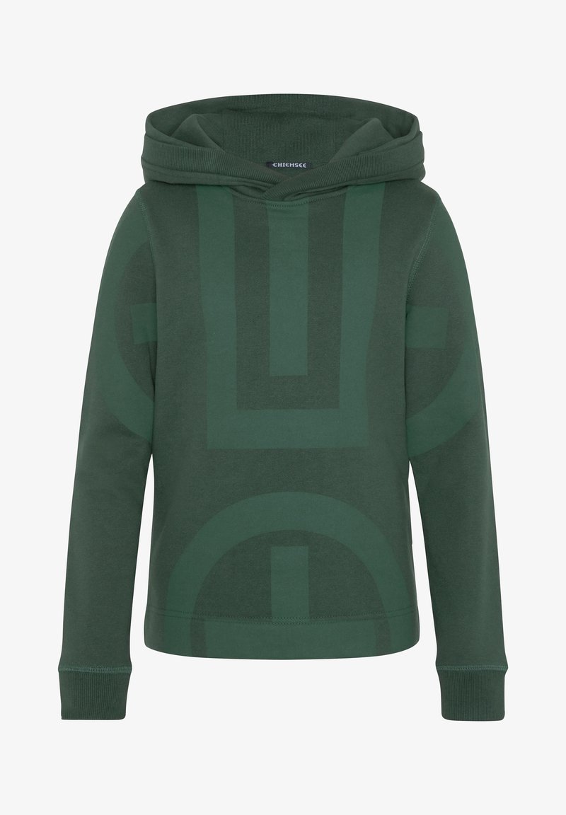 Haut à capuche vert en coton avec une texture douce, offrant un grand motif imprimé abstrait dans des tons de vert plus foncé et une capuche avec cordon de serrage.