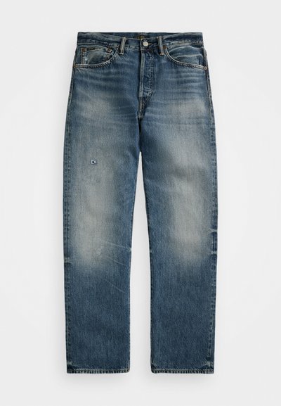 Light blue denim jeans with a relaxed fit, distressed areas, and five pockets. Features a button fly and metallic accents on the hardware.